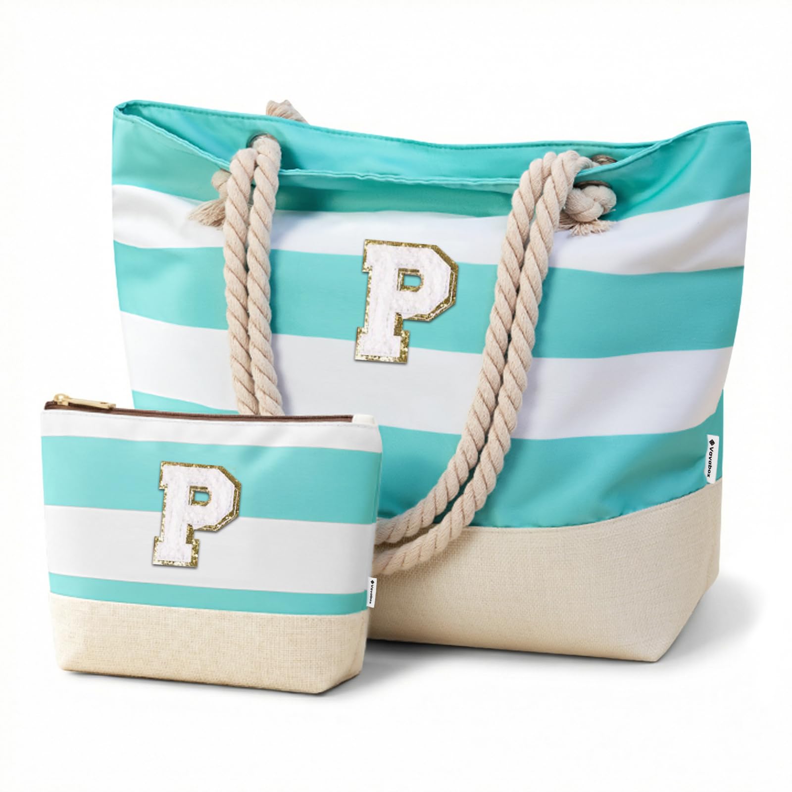 Vavabox Initial Beach Tote Bag for Women, Water-resistant Gifts for Women