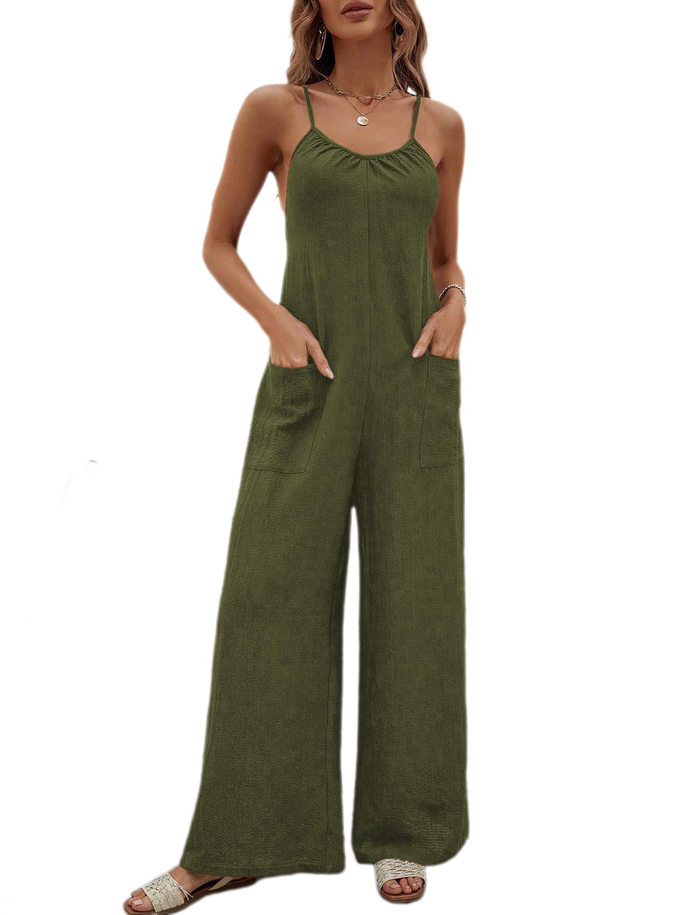 Womens Summer Casual Sleeveless Loose Wide Leg Jumpsuit Rompers with Pockets DJ6
