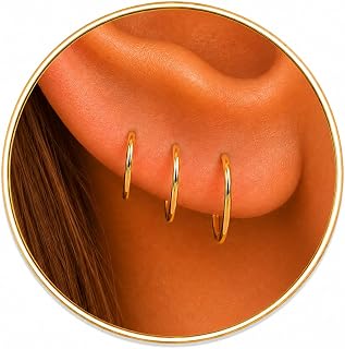 Set of 3 Gold Hoop Earrings - Small 14k Gold Filled Loop Earrings - 20 Gauge Wire Thickness - Hypoallergenic Earrings - 3 Different Sizes 6, 8, 10mm Hoops - Sold as Single Hoops Only, Not Pairs