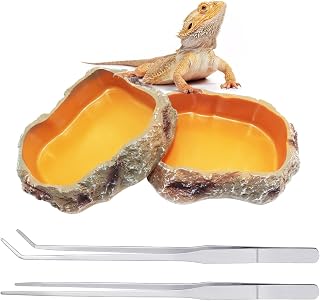 Reptile Growth 4 Pieces Reptile Water Dish Food Bowl Set Includes 2 Food Feeder Bowl Resin Reptile Bowl Water Bowl 2 Feeding Tweezer Reptile Rock Feeder for Tortoise Lizard Frog Gecko Snake Chameleon