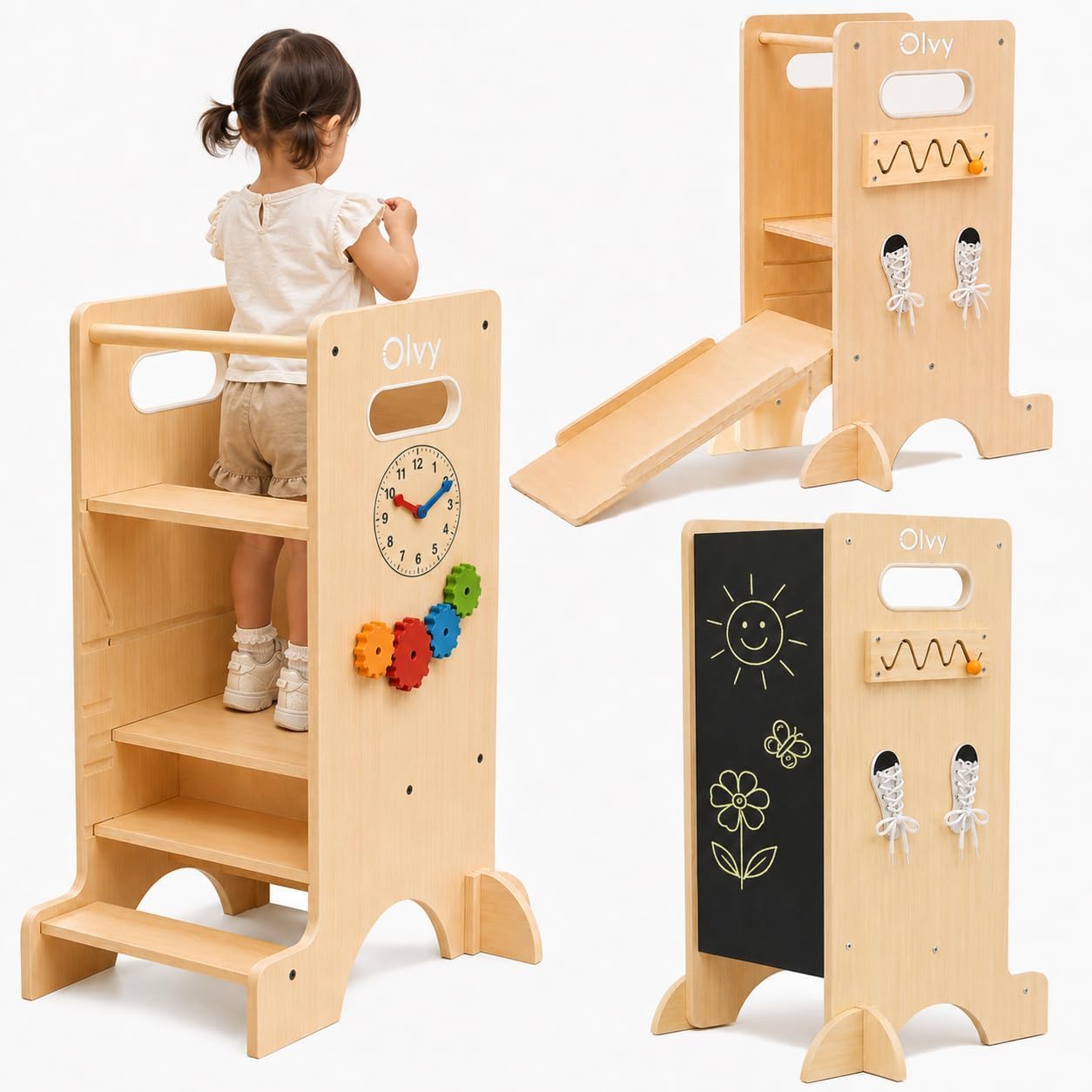 Olvy Kids 4-in-1 Montessori Learning Tower – Learning Tower – Wooden Step Stool 