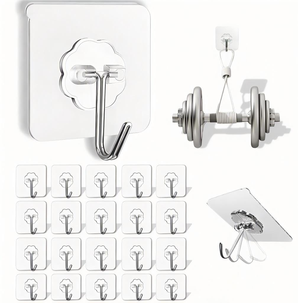 20 Pack Heavy Duty Self Adhesive Hooks, Clear