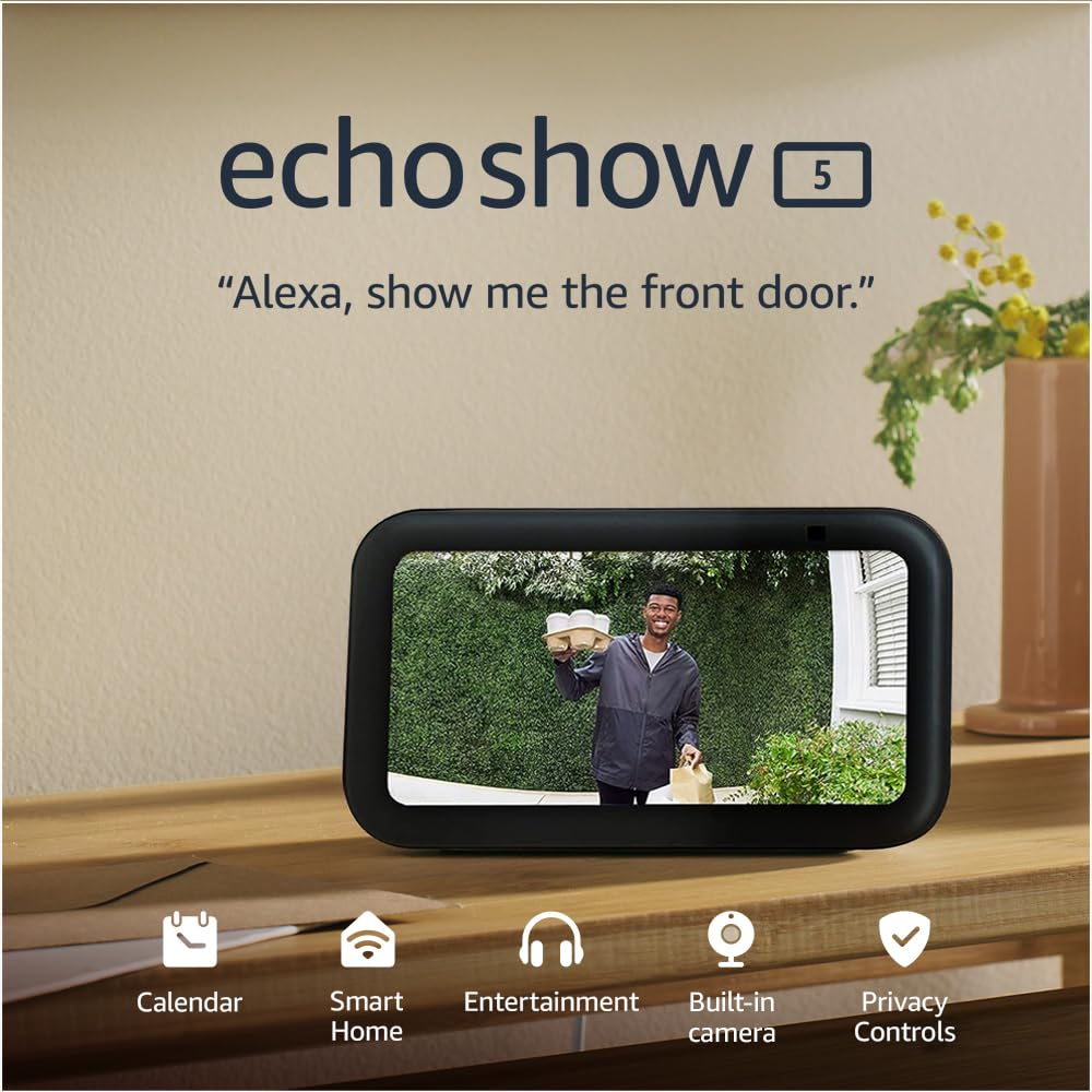 Echo Show 5 (Newest gen), Smart display and alarm clock with clearer sound, Char