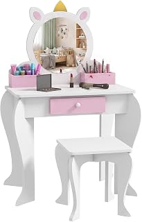 Qaba Kids Vanity Set with Mirror and Stool for 3-6 Years Unicorn-Design | Makeup Vanity Table, Drawer Storage Boxes, Cat-Design