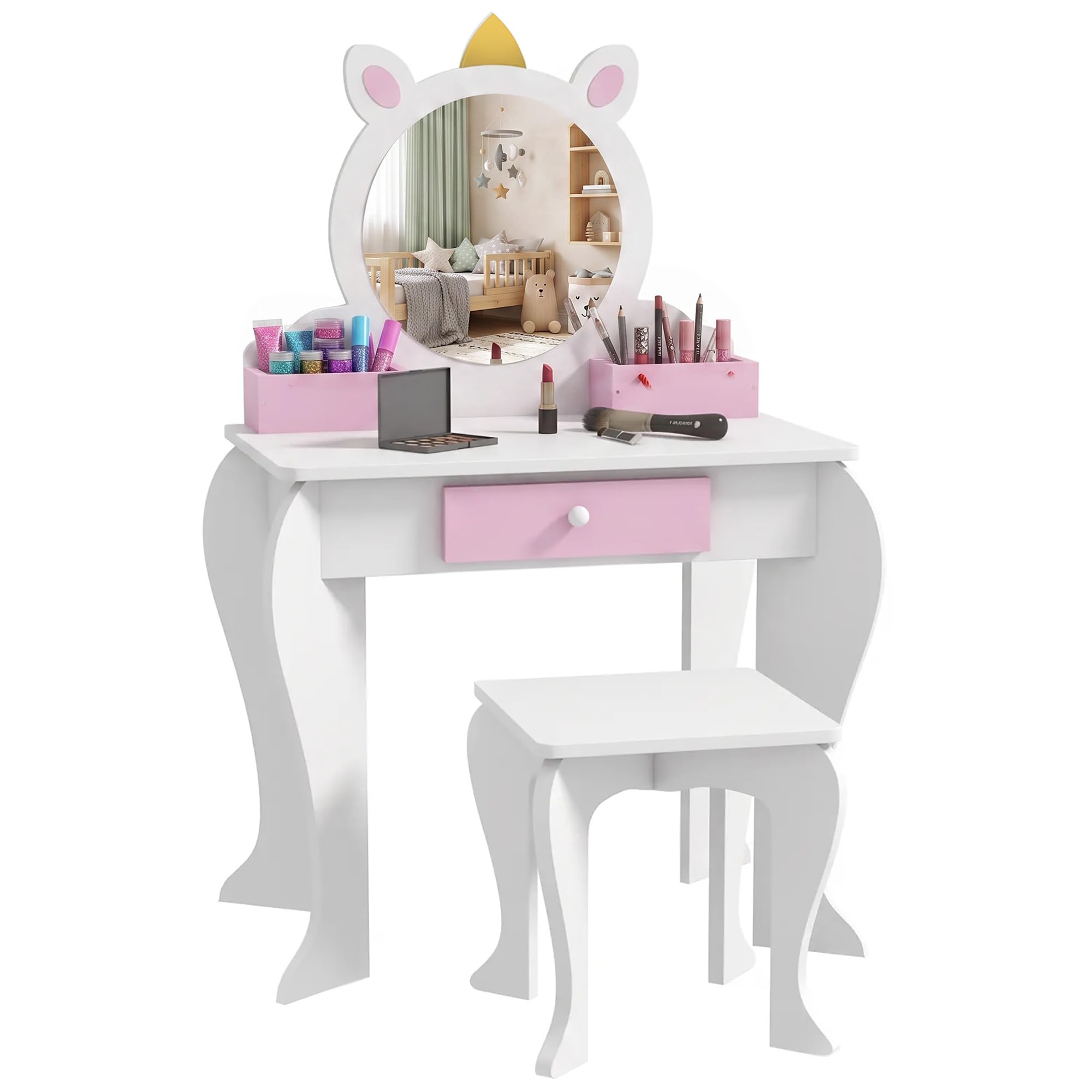 Qaba Kids Vanity Set with Mirror and Stool for 3-6 Years Unicorn-Design | Makeup