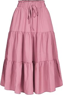 MSLG Women's High Elastic Waist Midi Skirt Casual Summer Trendy Tie Front Flowy Ruffle Floral Print A line Skirts 626