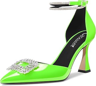 Castamere Women's High Block Chunky Heel Strappy Ankle Strap Diamond Crystal Pointed Toe Pumps 8.5CM Heels