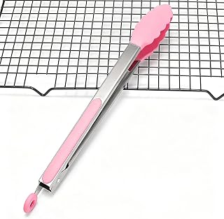 Stainless Steel Kitchen Food Tongs with Non-Slip Grip for Serving and Grilling, Pink, 1 Pack
