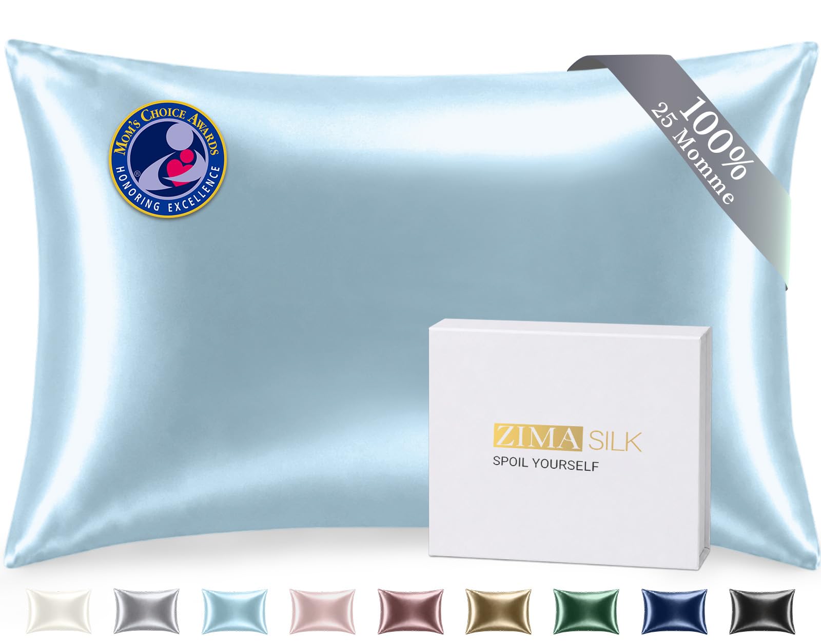 ZIMASILK 25 Momme 100% Mulberry Silk Pillow Cases, Light Blue, Queen