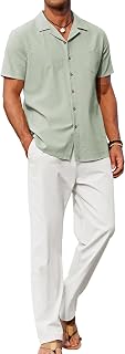 COOFANDY Men's Linen 2 Piece Outfits Button Down Shirt and Casual Loose Pants Set