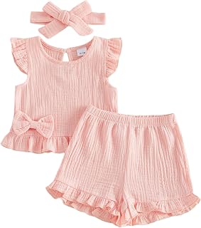 Amnnchya Toddler Girl Clothes Baby Summer Spring Outfits Cute Bow Button Smocked Ruffle Sleeve Tops ＋ Girls Shorts Set