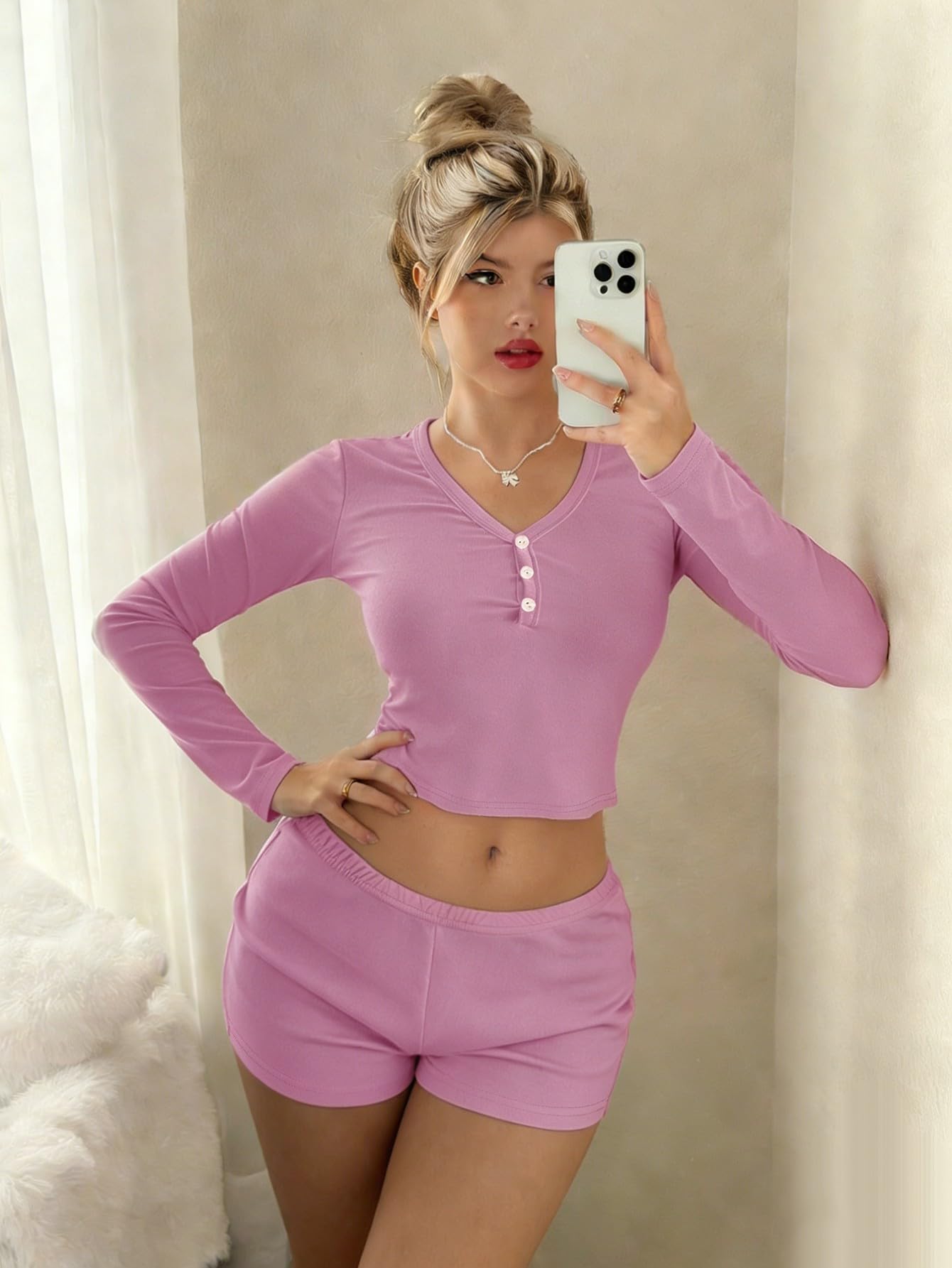 Women Off Shoulder Lounge Set Long Sleeve Tops and Shorts Casual Soft Ribbed Clo