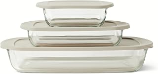 Amazon Basics Glass Baking Dishes with BPA-Free Lids, 6-Piece Bakeware Set, Borosilicate Glass, Oven-Safe up to 752°F, Non-Slip and Stackable, Dishwasher-Safe, Linen Gray
