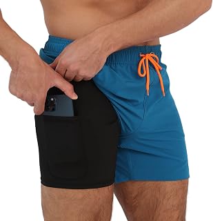 Arcweg Men's Swim Trunks Compression Lining 2 in 1 Quick Dry Short Liner Elastic Surf Shorts with Zipper Pockets