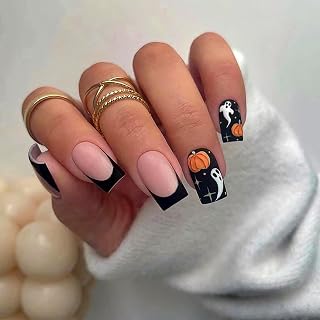Press On Nails Short Square Black French Halloween Festival Full Coverage Removable Fake Nails Gradient Gloss Reusable Glue Nail Party Birthday Stick On Nails for Women 24pcs