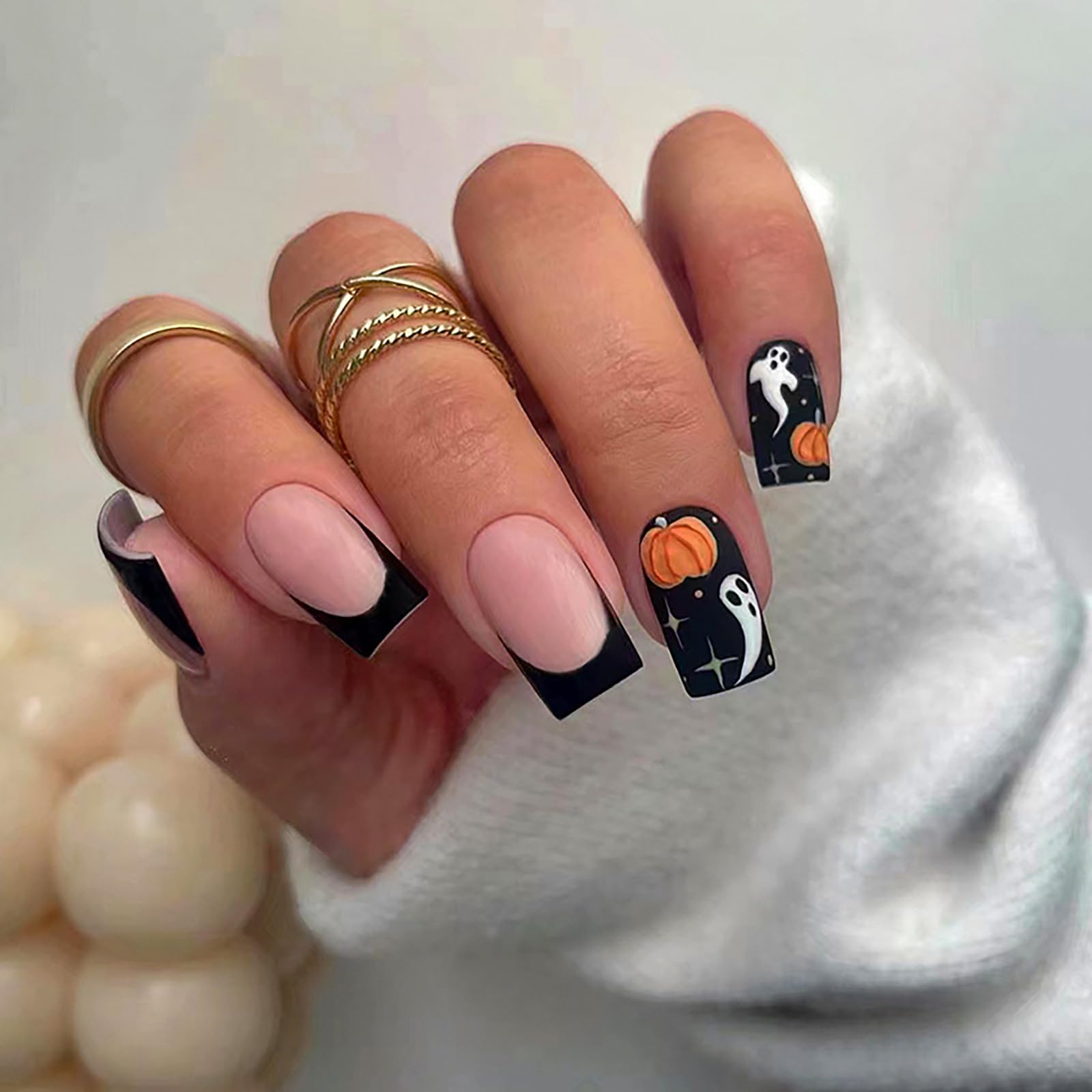 Press On Nails Short Square Black French Halloween Festival Full Coverage Remova
