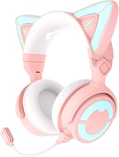 YOWU RGB Cat Ear Headphones 4GS - Gaming Headset for PC PS5 Switch Xbox, 2.4G/Wireless/Wired, Attachable Gaming Microphone, Adjustable Lighting and Effect via App (Pink)
