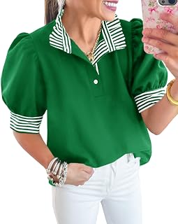 Cicy Bell Women Summer Blouses Puff Sleeve Casual Elegant Ruffle V Neck Color Block Tops Striped Loose Fit Button Shirts Polo Shirts