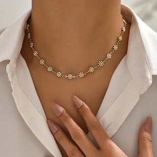 Daisy Flower Necklace and Bracelet Set for Women, Bohemian Style, Enamel, Handmade Gold Choker, Spring Beach and Party Jewelry