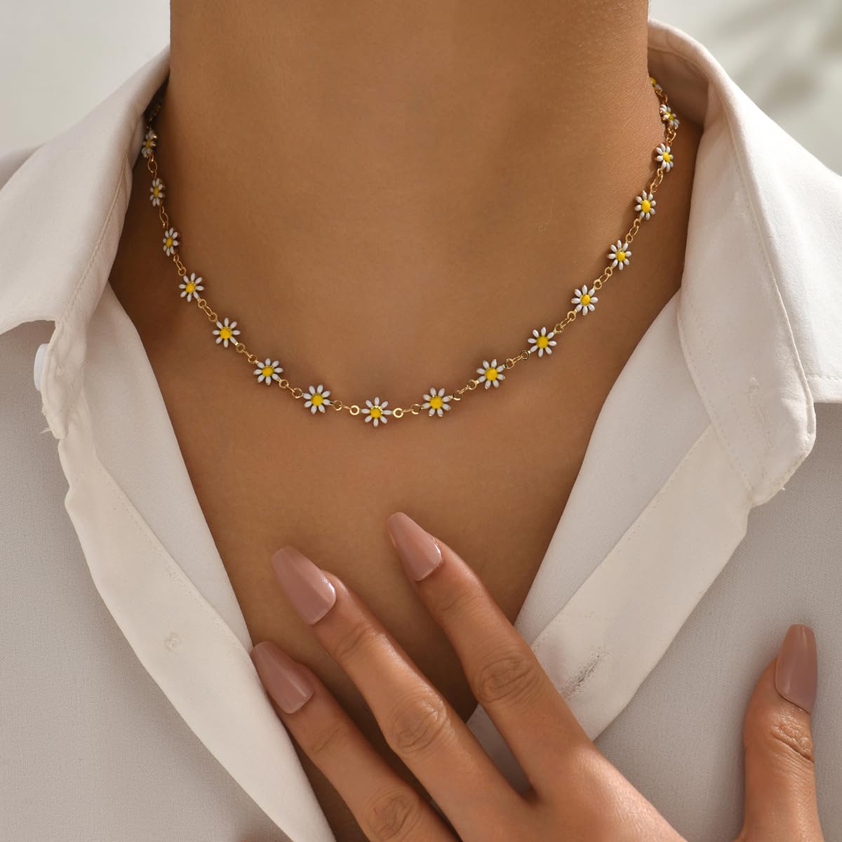 Daisy Flower Necklace and Bracelet Set for Women, Bohemian Style, Enamel, Handma