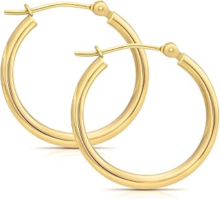 14K Yellow Gold Classic Real Gold Shiny Polished Hoop Earrings, Plain Round Gold Hoop, Yellow Gold, No Gems