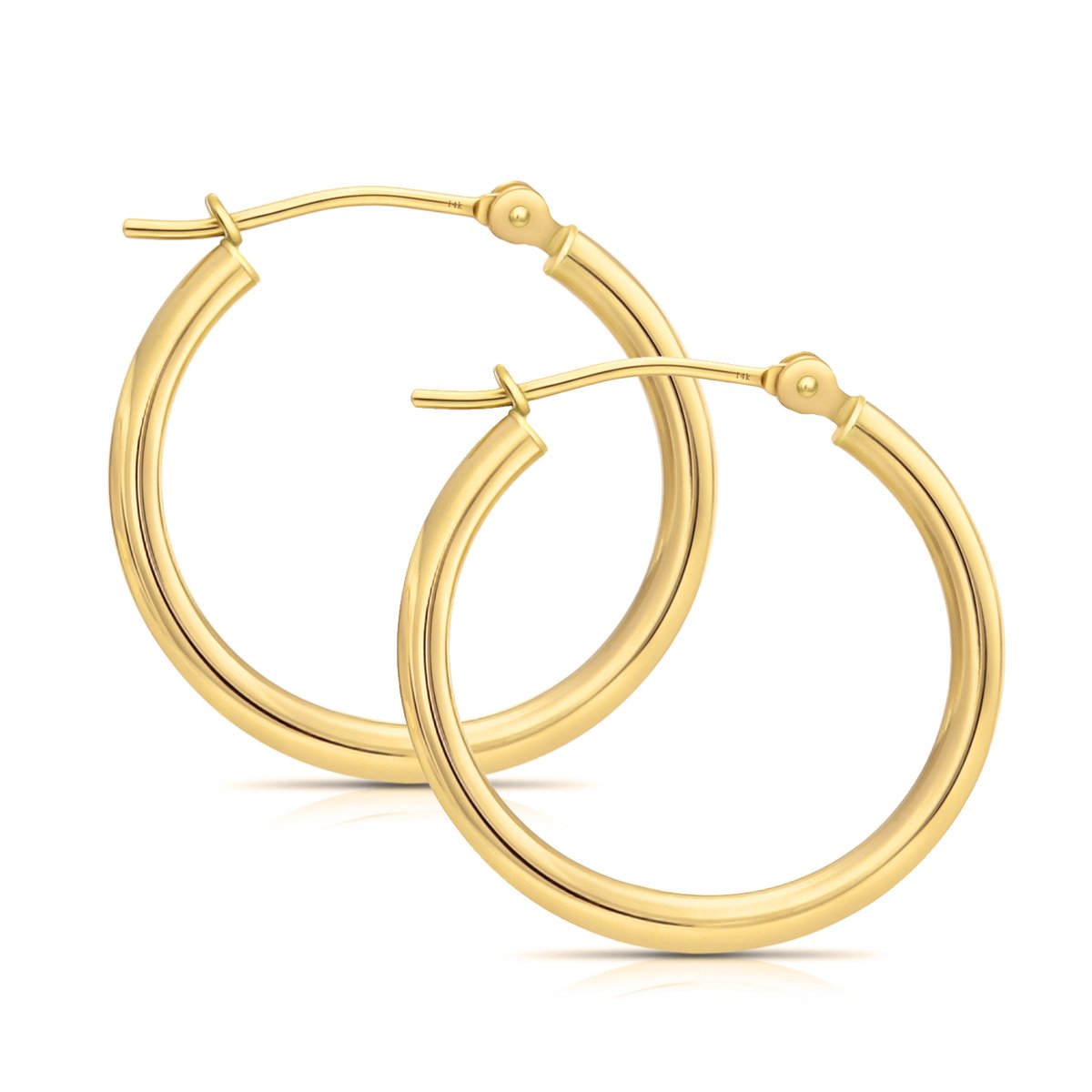 14K Yellow Gold Classic Real Gold Shiny Polished Hoop Earrings, Plain Round Gold
