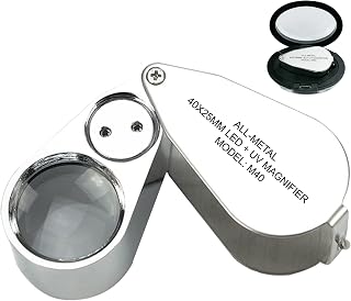 Pineapple 40X Jewelers Loupe with Light, UV Lighted Magnifying Glass Eye Loop, LED Illuminated Metal Pocket Magnifier for Jewelry, Currency, Plants, Coins, Diamonds, Stamps