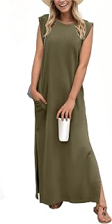 GRECERELLE 2026 Women Casual Round Neck Loose Long Maxi Dress with Pockets