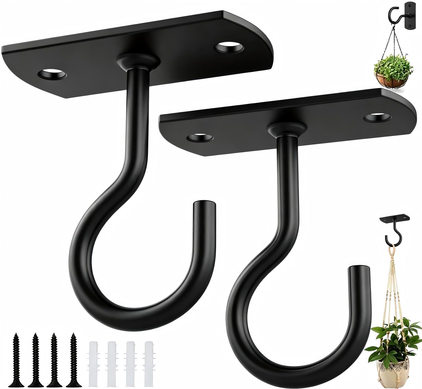 ASZUNE Ceiling Hooks for Hanging Plants 2Pack 2.5in,Wall Plant Hooks Black | for