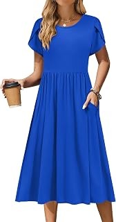 Zeagoo Women Summer Midi Dress Short Sleeve Casual Pockets Aline Flowy Tshirt Dress Floral Vocation Beach Sundress