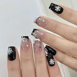 24 pcs French Tip Press On Nail Short Square Reusable with Snowflake Pattern and Diamond Decoration