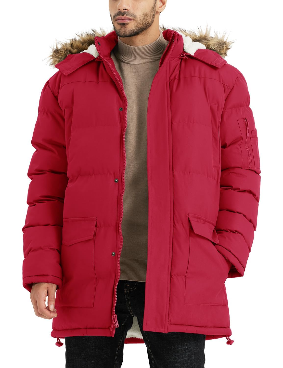 Men's Long Winter Warm Coats Insulated Fleece Parka Jacket Windproof Padded Puff