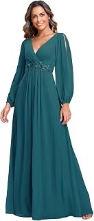Ever-Pretty Damen Stilvolle Chiffon V-Ausschnitt Applique Plus Size Abendkleider mit Langen Laternenärmeln 00461