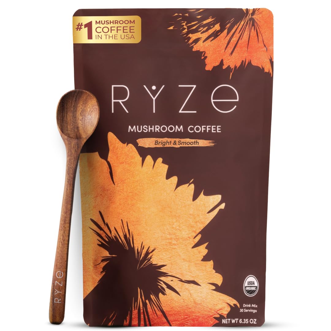 RYZE Organic Mushroom Coffee, Medium Roast, Adaptogenic Blend, 30 Servings | 6 A