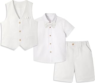 LOLANTA Pack of 4 Pagen Boy Short Suit, Children's Linen Suit, Summer Suit, Festive Summer Wedding, Christening Ceremony Outfit, Birthday Party Wear, Child Vests Shorts Set