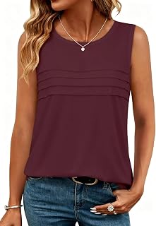 Womens Tank Tops Summer Sleeveless Crewneck Pleated Blouses, Wine Red, 3XL