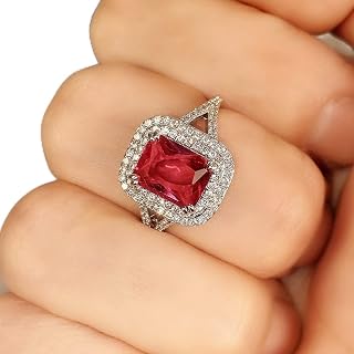 Vintage 925 Sterling Silver Promise Rings for her，Ruby Ring Cocktail Rings Square Cut Red Gemstone Cubic Zirconia Anniversary Promise Ring Halo Ring Eternity Engagement Wedding Band Ring for Women 8