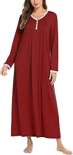 Ekouaer Women's Long Sleeve Nightgown Full Length Sleepwear Long Sleepshirts Henley Sleep Dress