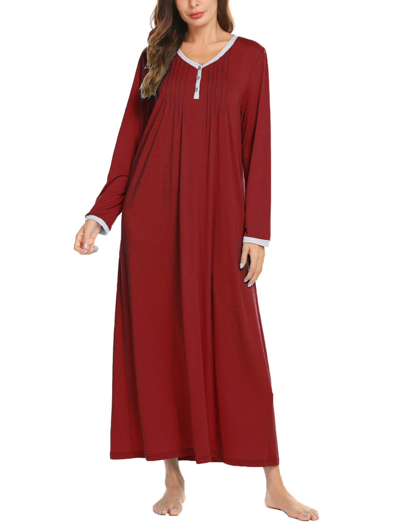 Ekouaer Women's Long Sleeve Nightgown Full Length Sleepwear Long Sleepshirts Hen