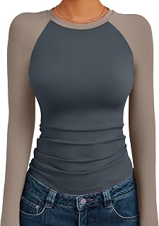 Trendy Queen Ladies Shirts Long Sleeve Slim Fit Elastic Color Block Slightly Cropped Top