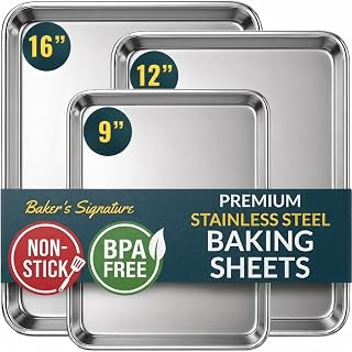 Stainless Steel Cookie Sheet Set of 3, 9/12/16" Baking Sheet Pans | Baking Set of 3, Mirror Finish, Non-Stick, Rust Resistant, BPA Free, Dishwasher Safe, 9/12/16"