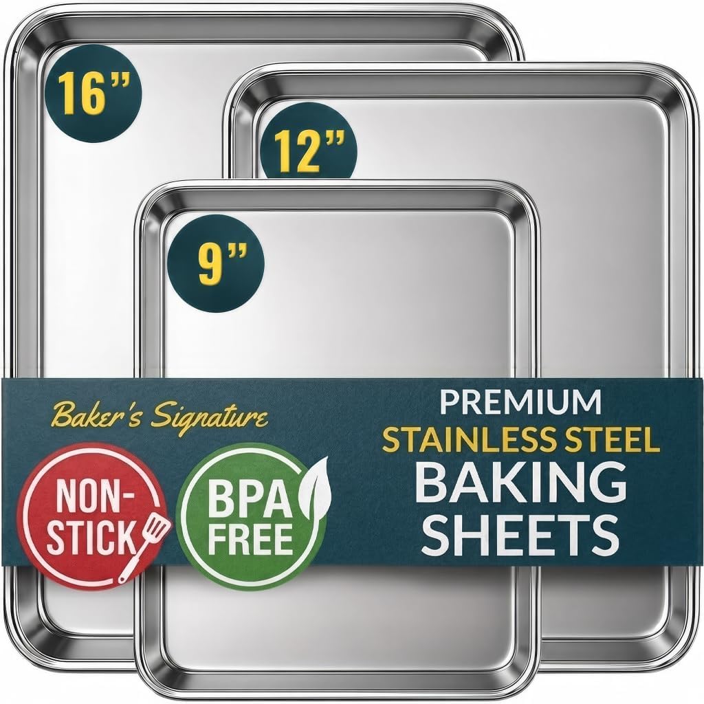 Stainless Steel Cookie Sheet Set of 3, 9/12/16" Baking Sheet Pans | Baking Set o