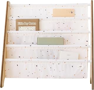 3 Sprouts Kids Bookshelf, 4-Tier Rack, Holds 35 Books, Terrazzo Cream | 4-tier sling book rack for kids rooms, nursery, playroom or classroom storage; kids reading nook; nursery playroom classroom.
