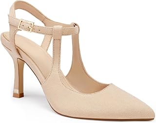 Coutgo Zapatos de tacón alto para mujer, puntera puntiaguda, correa de tobillo, de charol, sexy, de aguja, para oficina, boda, B-Suede Nude, 6