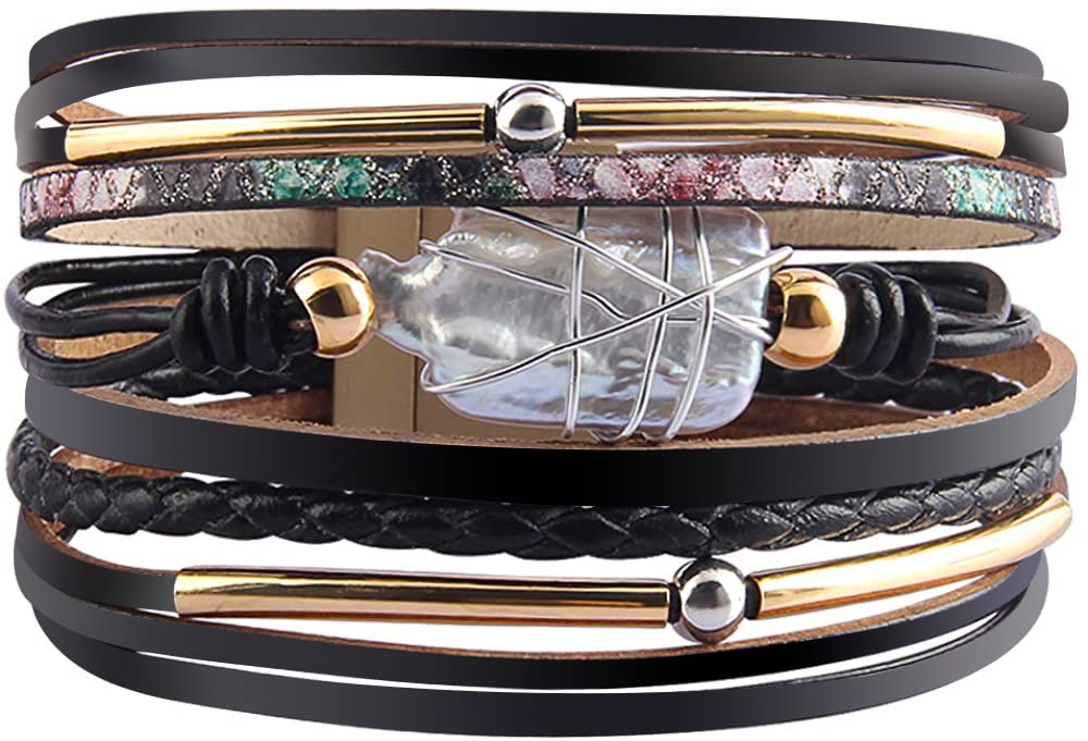 Fesciory Leather Wrap Bracelet for Women, Boho Western Stacked Cuff Jewelry