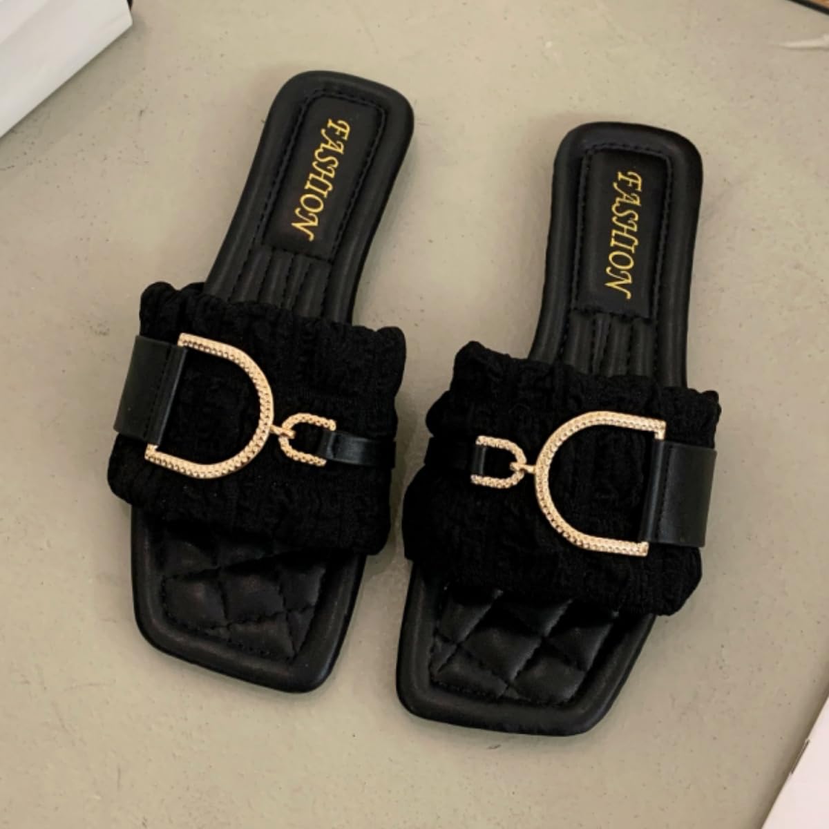Women Fashion Flat Sandals Non-Slip Square Buckle Summer Beach Sandals