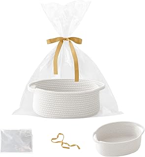 HZFTJOY White Woven Rope Basket,Baby Gift Basket with Bag & Ribbon | Cotton rope with handle, 12x8x5 in, gift bag and ribbon, for baby shower, birthday, toy storage, nursery, shelf decor