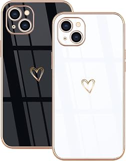 Pack of 2 Silicone Case for iPhone 15 Mobile Phone Case Cute Heart Pattern Motif Case for Girls Women Colour Galvanised Soft TPU Bumper Shockproof Protective Case iPhone 15 Phone Cover - Black & White