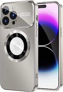 MAKAVO Magnetic for iPhone 14 Pro Max Case, Compatible with MagSafe, Built-in Camera Lens Protector, Logo View, Military Grade Drop Proof Phone Case Cover, Titanium Gray