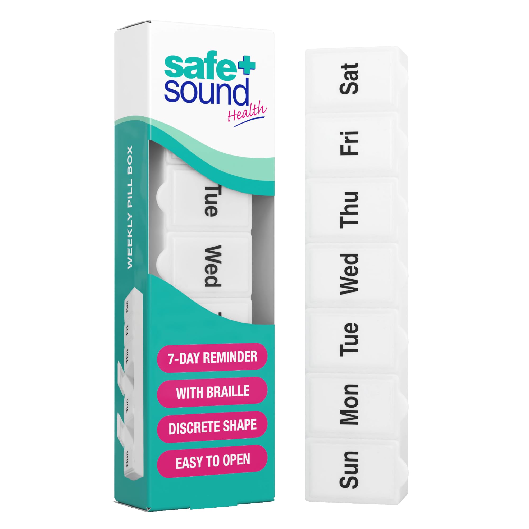 Safe + Sound Mini 7 Day Pill Box, Pocket Sized, Accessible with Braille | Pocket